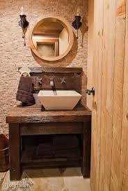 I Wish The Sink Was Centered But I Love The Chunky Wood Rustic Cabinet Rustic Powder Room Powder Room Design Powder Room Decor