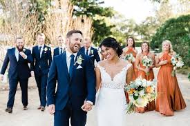 Wedding Party In Navy And Burnt Orange Orange Bridesmaid Dresses Orange Bridesmaid Burnt Orange Bridesmaid Dresses