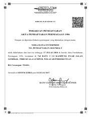 Pendaftaran mesti didaftarkan dengan menggunakan nama sendiri ataupun nama 'tred'. Ssm Certificate Pdf Borang D Kaedah 13 Perakuan Pendaftaran Akta Pendaftaran Perniagaan 1956 Dengan Ini Diperakui Bahawa Perniagaan Yang Dijalankan Course Hero