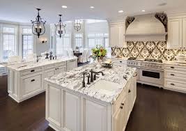 Gorgeous Kitchen White Ice Granite Countertops Double Kitchen Island White Cabin In 2020 Antique White Kitchen Antique White Kitchen Cabinets White Granite Countertops