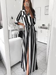 Women Turn Down Collar Button Long Summer Spring Striped Maxi Dresses Printed Offthes Long Sleeve Pocket Dress Long Shirt Dress Long Sleeve Stripe Maxi Dress