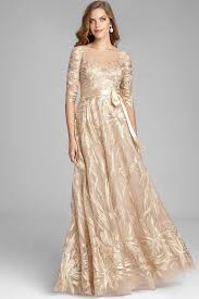 3 4 Sleeve Metallic Embroidered Gown With Bow Teri Jon Gold Evening Gowns Modest Wedding Gowns Gowns