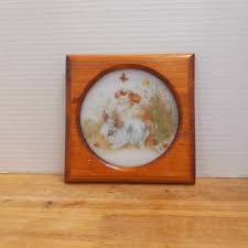 Vintage Slag Glass Suncatcher With Bunnies and Wood Frame, Bunnies