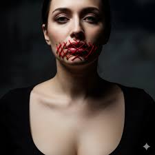 QwenImage text2image prompt: strange photo of woman with, her lips sutured  shut with many red yarn cross-stiches