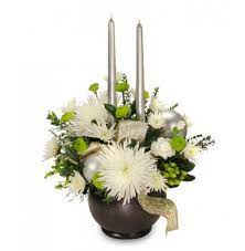 White Fuji Mums Mini Carnations Green Hypericum Blanket Shimmering Silver Ornaments Silver Tapers Winter Flower Arrangements Flowers To Go Winter Flowers
