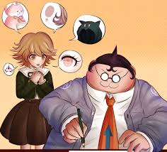 ktokei (kurokku-tokei), fujisaki chihiro, nanami chiaki, yamada hifumi,  danganronpa: trigger happy havoc, danganronpa (series), drawing, orange  neckwear, commentary, spoilers, 2boys, animal bag, animal hood, brown eyes,  brown hair, brown skirt, cat bag,