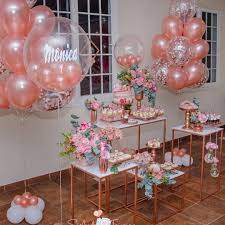 Birthday Cake Table Decoration With Balloons Rose Gold Quinceanera Inspiration For Your Quince Mi Padrino Birthday Table Decorations Birthday Balloons Bridal Shower