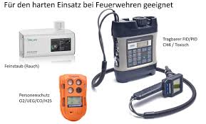Multi gas detector with charger. Contrec Messtechnik Entscheidungshilfe Fur Feuerwehren