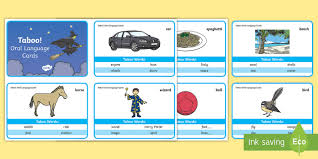 This game is based on the commercial version of this game called taboo which you may have played at some point. Taboo Oral Language Game Challenge Cards