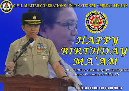 In behalf of CMOU-NCR family, we would like to greet our very own Deputy  Commander, CMOG-PN, CDR VENUS G GUALDAQUEVER PN(GSC) a Happy Birthday. Our  warmest wishes for your good health, success