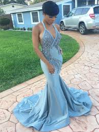 Ball Gown Prom Dresses Black Girls Modern Mermaid Halter Beading Court Train Evening Dress Prom Dresses Blue Prom Dress With Train Halter Prom Dresses
