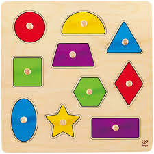 Find the right shape to fit the piece. Geometric Shapes 10 Pc Knob Wooden Puzzle Educational Toys Planet