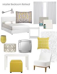 This masculine master bedroom features a custom wall treatment, tufted upholstered bed and back painted glass table tops. Gray Yellow Bedroom The Suburban Urbanist