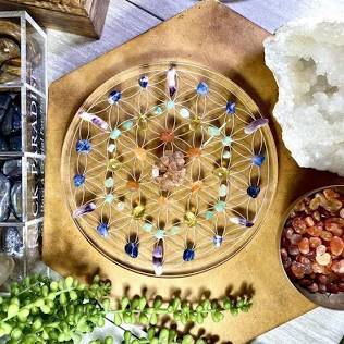 The Flower of Life geometry forces scattered crystal frequencies into a unified resonance., AI generated
