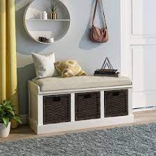 There are a range of storage benches available, mostly either with racks for storage baskets or drawers, or under bench storage which you can easily access. White Entryway Bench Storage With Basket And Removable Cushion