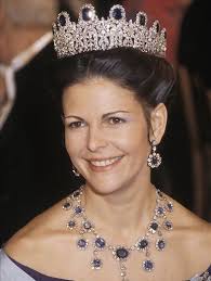 Queen Silvia, Queen consort of King Carl XVI Gustaf, wearing the  Leuchtenberg Sapphire Tiara, Sweden (ca. 1806; made by Marie-Étienne Nitot;  sapphires, diamonds).