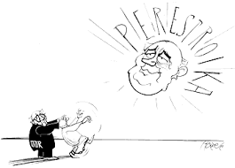 'i can't believe my eyes!' cartoon comment on soviet leader mikhail gorbachev's reforms; Hdg Karikaturen Seiteninhalt