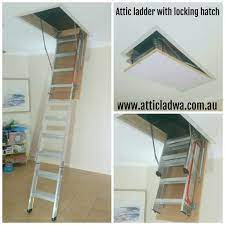 My Deluxe Aluminum And Deluxe Wooden Attic Ladders Come Standard With A Locking Hatch So If You Are Looking For An Att Attic Access Ladder Ladder Attic Storage