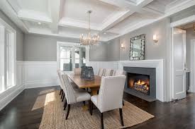 Transitional Dining Room With Box Ceiling High Ceiling Hardwood Floors Wall Sconce Wains Dining Room Wainscoting White Wainscoting Transitional Dining Room