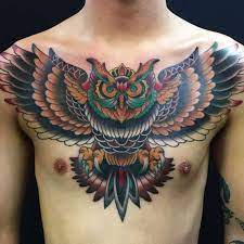 Traditional Owl Tattoo In 2021 Neo Traditional Chest Tattoo Owl Tattoo Chest Owl Neck Tattoo