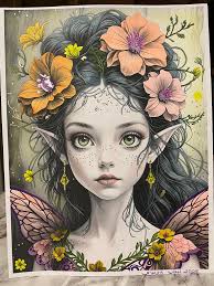 From Pixie Dreams by Dreamworldcoloring. I colored this with Kalour Pencils  & BeaLeza Alcohol Markers. Powdered Eyeshadow for the background. 🧡💛💙🩵 