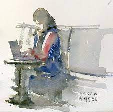 星巴克打電腦saunders watercolour pad 240g 19 x 19 cm rough 水彩速寫不打稿水彩人物速寫有一點難度 因為是濕畫法 也同時考驗著耐心和在濕紙中配合水份造形的能力 要學會接受不完美的瑕疵 否則只會越描越髒 painting art figures