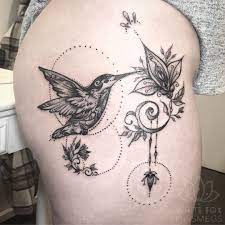 Fineline Black And Dotwork Hummingbird Leg Tattoo By Miss Megs Tattoo Artist White Fox Tatt Hummingbird Tattoo Black Hummingbird Tattoo Black And White Tattoos