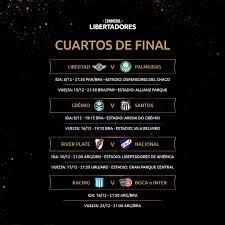 Maybe you would like to learn more about one of these? Conmebol Libertadores On Twitter El Fixture Dias Y Horarios De Los Cuartos De Final De La Libertadores Que Comienzan El Martes Proximo Gloriaeterna Https T Co Frogggcsea