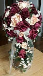Cascade Silk Wedding Bouquet With Open Burgundy And Cream Pink Roses Sale Price 50 00 Cheap Wedding Bouquets Wedding Bouquet Packages Silk Wedding Bouquets