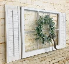 Farmhouse Decor Window Frame Shutter Wall Decor Lamb S Ear Wreath By Rustynaildesigners On Etsy Shutter Wall Decor Old Window Decor Shutter Wall