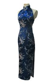 Qipao Chengsam Navy Blue Satin Backless Plum Blossom Halter Top Evening Gown Chinese Dress Qipao Idrea Chinese Dress Evening Dresses Elegant Evening Gowns