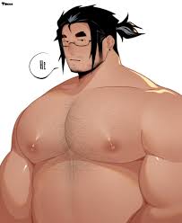 original, highres, 1boy, bara, belly, chest hair, completely nude, english  text, facial hair, fat, fat man, glasses, goatee, hairy, high ponytail,  introduction, large pectorals, long sideburns, looking at viewer, male  focus, mature