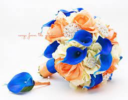 Wedding flowers for your dream wedding. Orange Royal Blue Ivory Bridal Bouquet Rhinestone Brooches Wedding Bouquet Groom Boutonniere Ivory Bridal Bouquet Blue Wedding Bouquet Wedding Brooch Bouquets