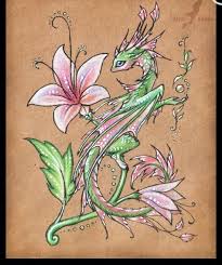 Pink And Green Dragon Drawings Flower Drawing Dragon Art