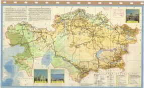 Physical map of kazakhstan showing major cities, terrain, national parks, rivers, and surrounding countries with international borders and outline maps. Title In Russian Touristic Map Of Kazakhstan Ussr Esdac European Commission