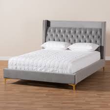 Baxton BBT6740-Dark Grey-King Valery King Platform Bed in Tufted Dark Gray  Velvet & Gold
