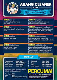 Semua dengan 1 tujuan hanya utk keselesaan semua org. Abang Cleaner Co Cleaning Services Ini Senarai Harga Untuk Servis Cuci Kereta Yang Mana Kereta Anda Tak Tersenarai Dalam Poster Ini Boleh Sms Atau Wasap Team Abang Ok