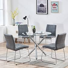 We feature kitchen and dining room furniture for casual meals, such as barstools that are great for the kitchen island or breakfast table that's a space saver. Buy Modern Dining Table Chairs Set Round Table With Clear Tempered Glass Top 4 Grey Faux Leather Dining Chairs Set For 4 Person Kitchen Dining Room Table And Chairs Set For Home 1 Table 4