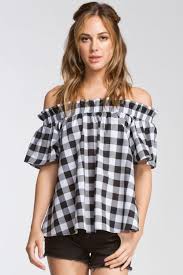 Black And White Checkered Off The Shoulder Top Sweet As Pie Off Shoulder Top My Kim Collection Black And White Gingham Checkered Top Tops Black And White Tops Off Shoulder Tops