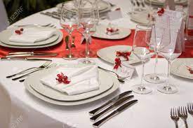 Find flatware table setting now. Table Setting With Plates And Silverware In Red And White Stock Photo Picture And Royalty Free Image Image 2167150