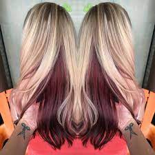Burgundy is in the red family, so to make it stand out, we can mix burgundy colored items with its opposite colors on the color wheel such as greens and blues to add a pop of intensity. Blonde With Violet Red Underneath Underlights Hair Hair Color Underneath Underneath Hair