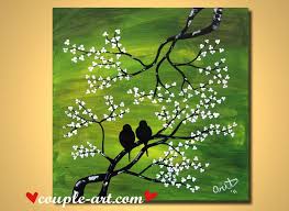 Handmade Love Birds Painting Green Original Cherry Blossom Painting Bedroom Lovebirds Decor Love Birds Painting Cherry Blossom Painting Painting