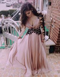 Blush Pink Long Sleeves Chiffon Prom Dress With Black Lace In 2020 Prom Dresses Long With Sleeves Long Sleeve Prom Dress Lace V Neck Prom Dresses