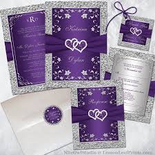 Purple Silver Wedding Invitation Set Joined Hearts Jewel Monogram Wedding Invitations Purple Wedding Invitations Purple And Silver Wedding