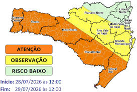Atenção Meteorológica SDC/SC 28/07 08:40 - Temporais e chuva intensa entre a tarde de terça (28) e manhã de quarta-feira (19)