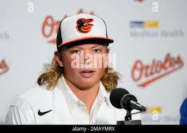 Jackson Holliday, the first overall draft pick by the Baltimore Orioles in  the 2022 draft, speaks during a news conference introducing him to the  Baltimore media prior to a baseball game between