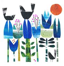 Blackbirds Balanced On Bluebells Limited Edition A3 Giclee Print By Jane Ormes Paper Collage Art Collage Illustration Tissue Paper Art