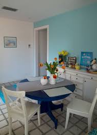 Sky Blue Accent Wall And Navy Blue Table In My Mediterranean Living Room Inviting Home Mediterranean Living Rooms Blue Accent Walls