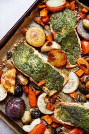 Passover, like many holidays, is a time of year when families pull out traditional recipes, anticipating the return of familiar flavors. Sheet Pan Salmon With Sage Pesto And Root Vegetables Lexi S Clean Kitchen