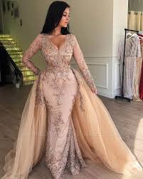 Mermaid V Neck Long Sleeves Appliqued Prom Dresses With Detachable Skirt Prom Dresses With Sleeves Prom Dresses Long With Sleeves Prom Dress With Train
